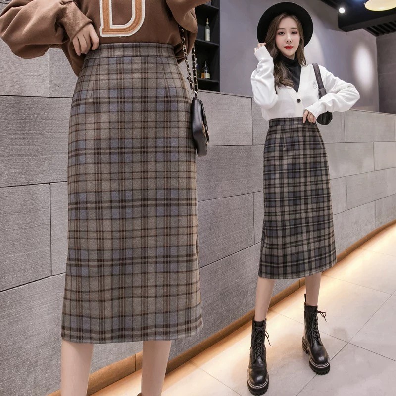 Divisão de lã verificado Retro outono inverno All-Match ano novo novo estilo estilo estilo de comprimento médio temperam