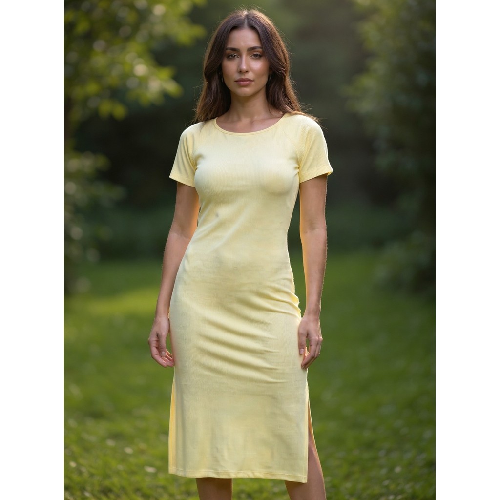 Vestido Midi Feminino Manga Fendas Laterais Festa Casual Amarelo Bebê — Achadinhos da Dani Leite