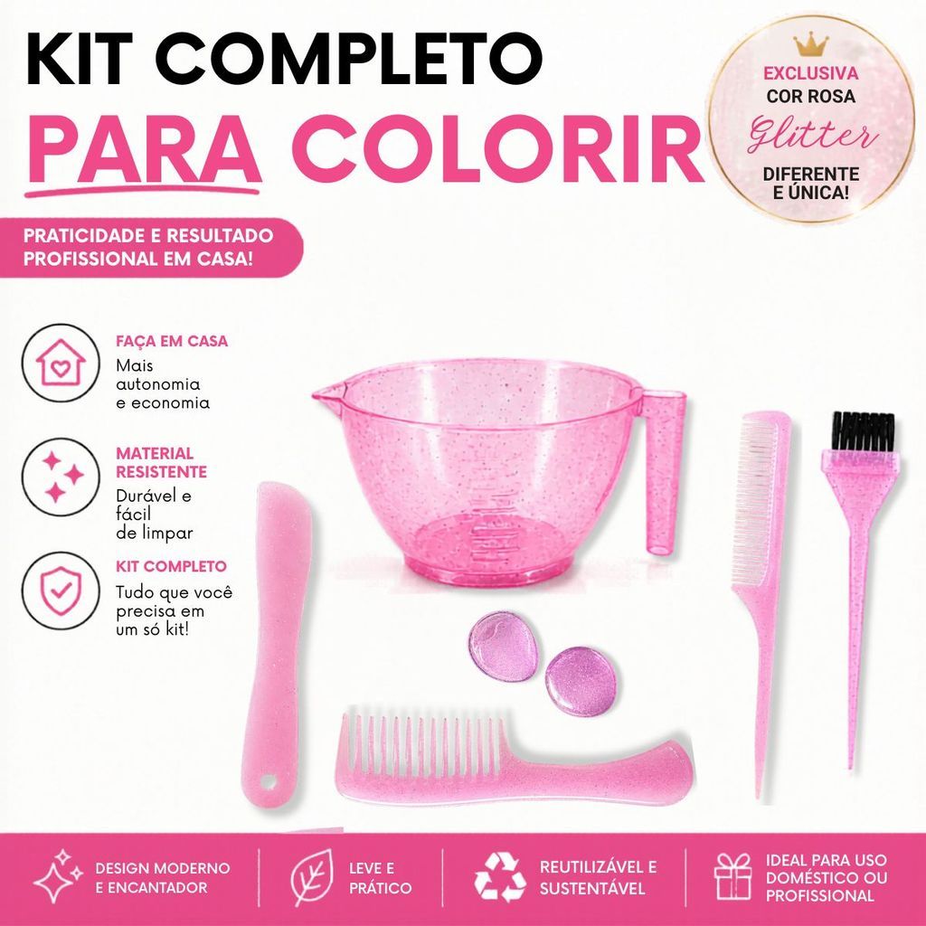 Kit Tintura Cabelo Profissional Rosa Glitter 6 Peças Pincel Cumbuca Pente Espátula Protetor Orelha