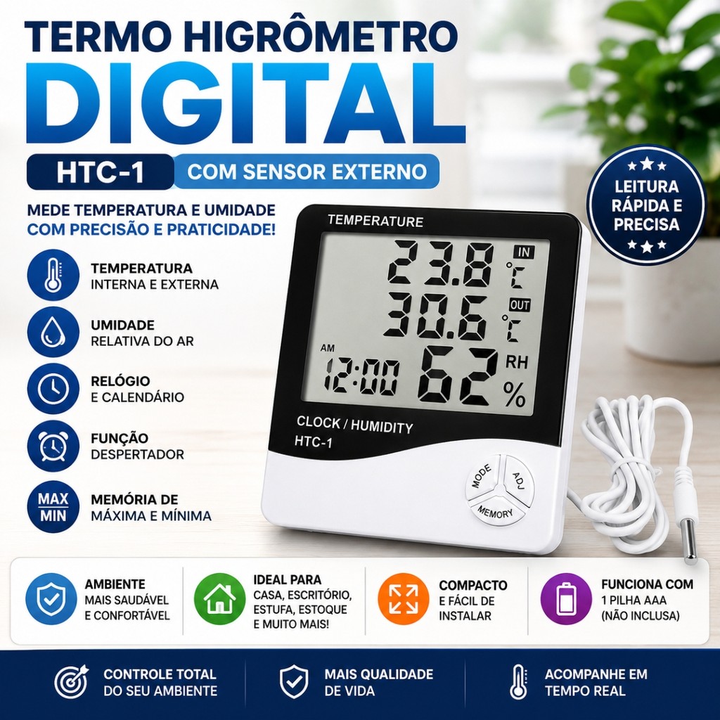 Termo Higrômetro Digital HTC-1 Com Relógio Medidor De Temperatura E Umidade - Termômetro