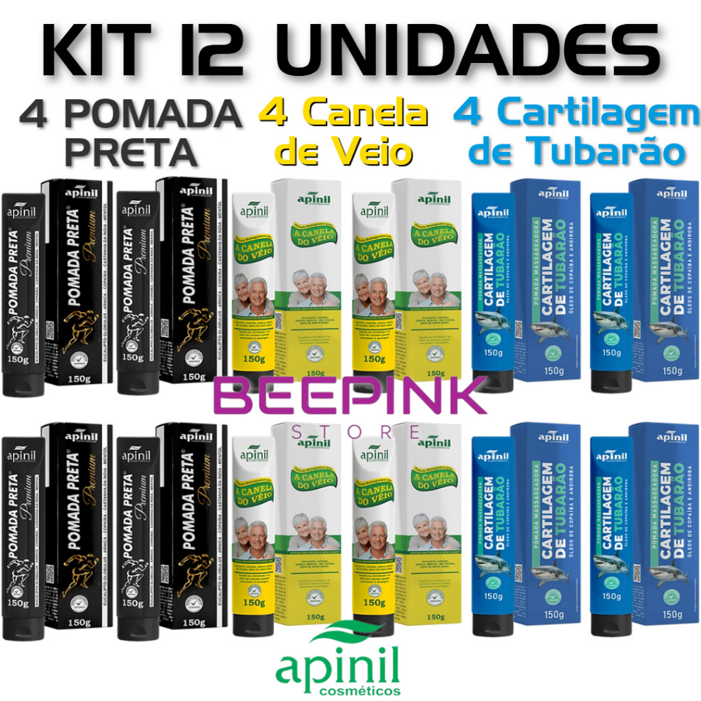Kit 12 Pomadas Massageadoras Apinil - 4-Pomada Preta, 4-Canela de Velho e 4-Cartilagem de Tubarão 150g - Atacado Revenda