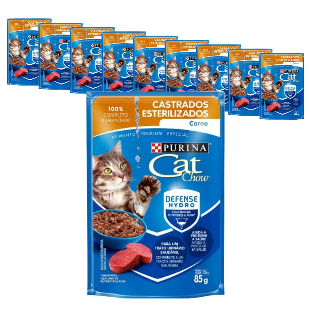Ração Úmida Purina Cat Chow para Gatos Adultos Castrados sabor Carne 85g - KIT 10 unids.