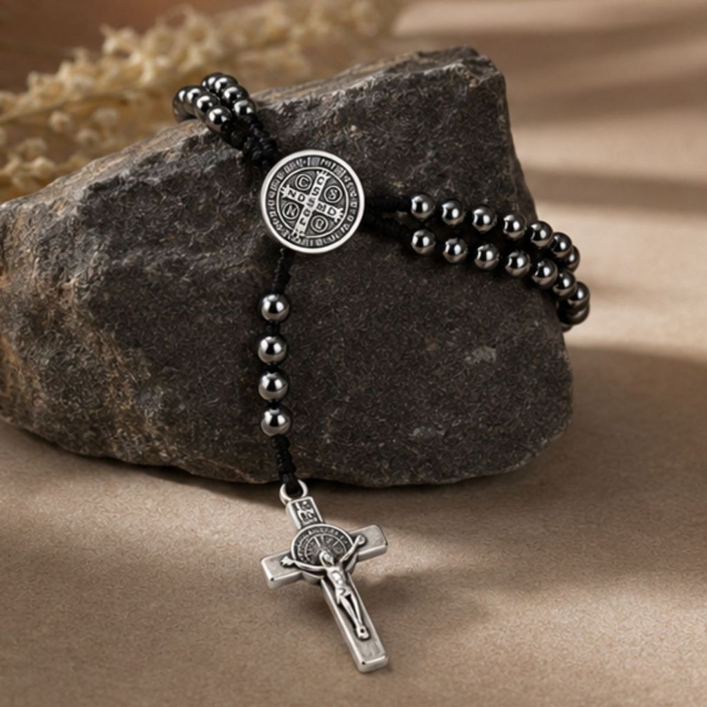 Pulseira Terço São Bento Masculina Aço Inox Premium Ajustável