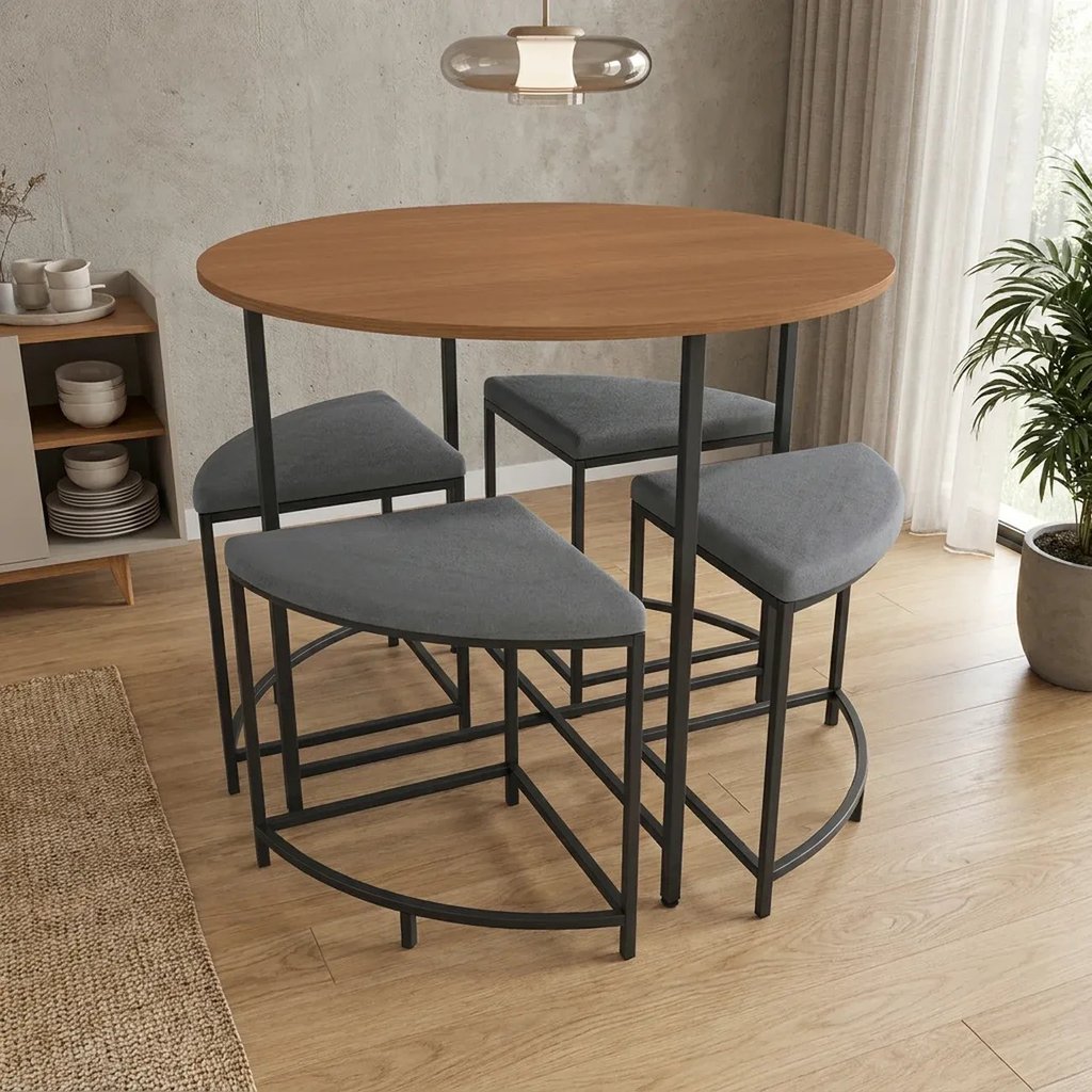 Conjunto Mesa de Jantar Redonda com 4 Bancos Estofados Canela/Preto Canela/Preto