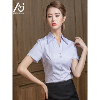 Camisa de uso profissional feminina de manga curta com decote em V rosa listrado camisa Workwear uniforme serviço Civil 