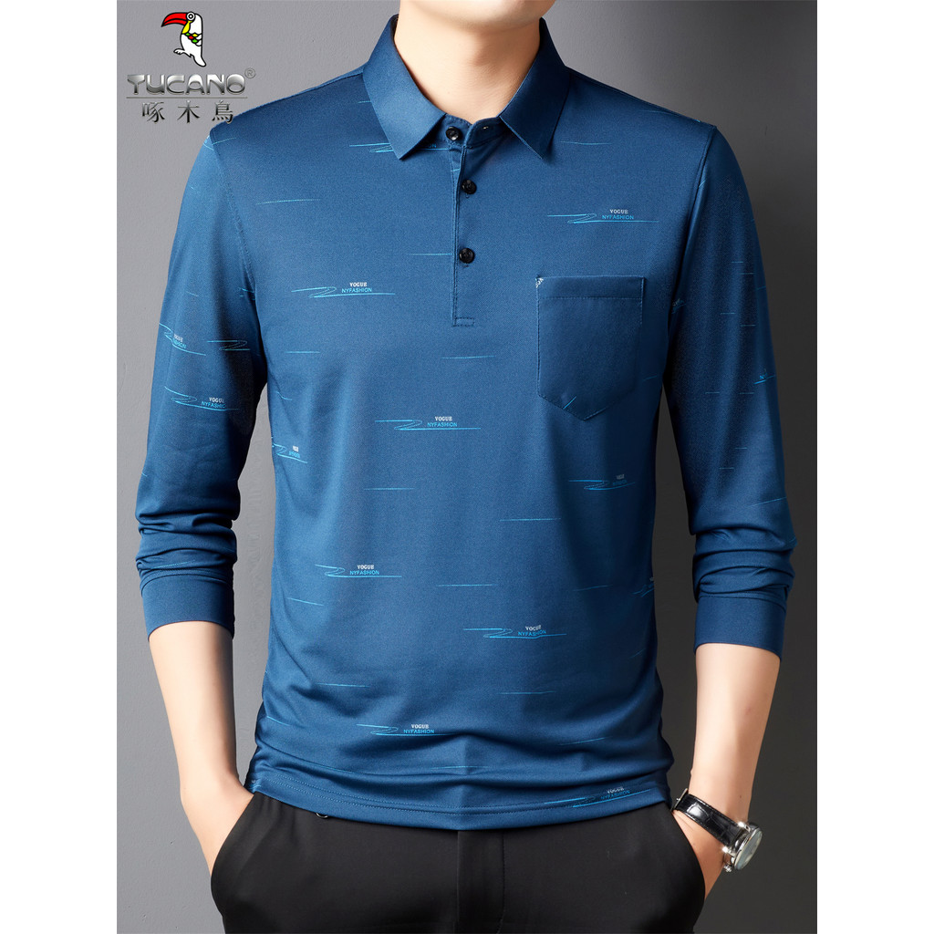 Woodpecker primavera verão fino de secagem rápida manga comprida lapela camiseta masculina de meia-idade idosos solto Ca