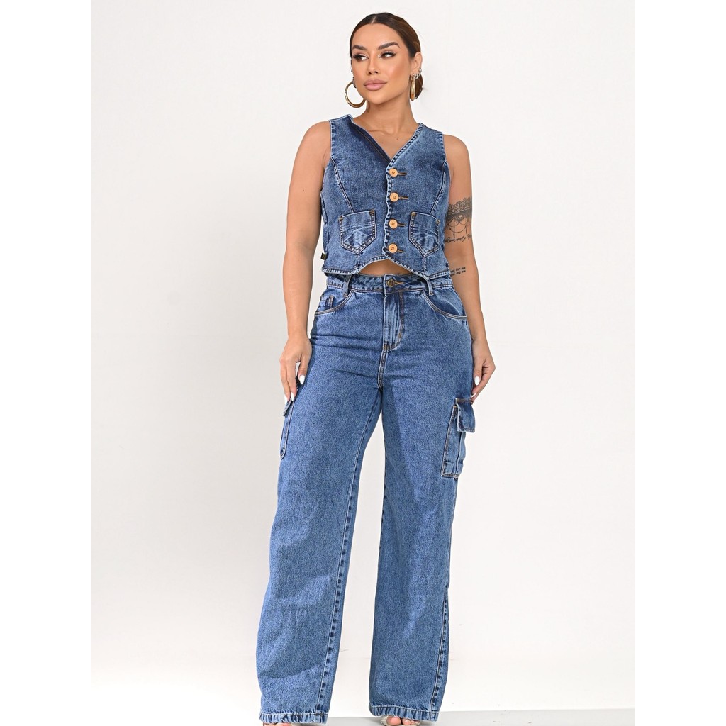 Conjunto Jeans Lyss Feminino Cargo e Colete | Look Estiloso