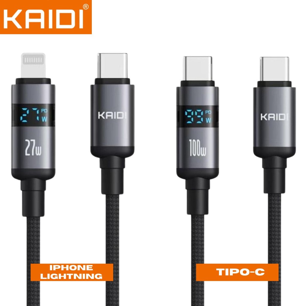 Cabo Turbo com Visor LED Kaidi Ultra Resistente para Iphone/Android Lightning/Tipo-c