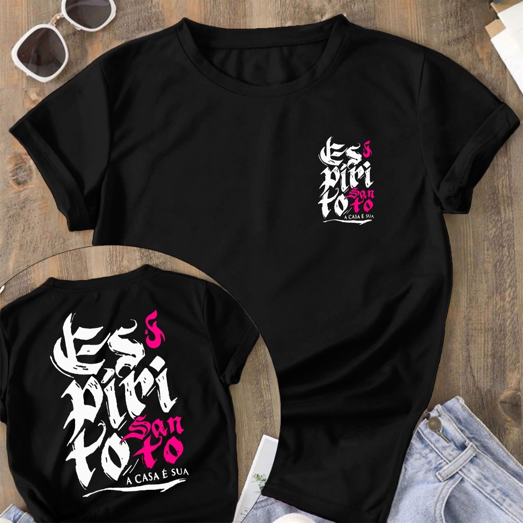 Camiseta Evangelica Feminina Blusa Cristã ESPIRITO SANTO A CASA É SUA Camisa Manfinity 100% algodão