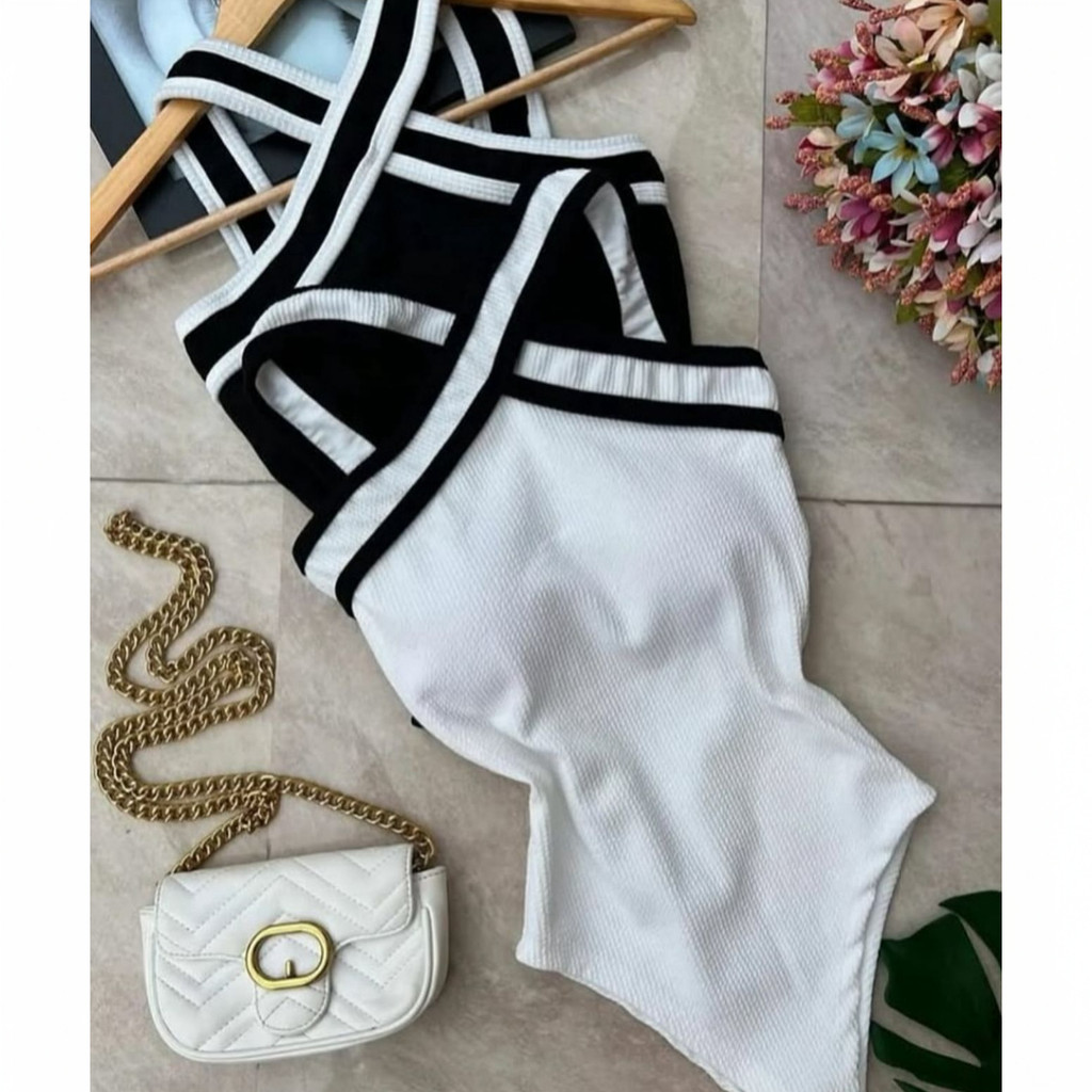 Body Feminino Bicolor Tomara Que Caia Com Alças Cruzadas Frente Bicolor em Oferta na Shopee