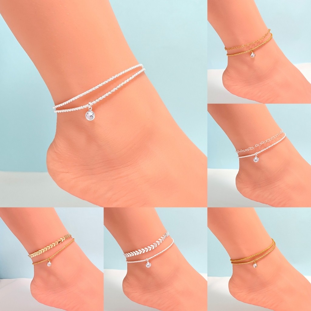2 peças de tornozeleiras femininas da moda, tornozeleira de gipsófila + pingente redondo de zircônia