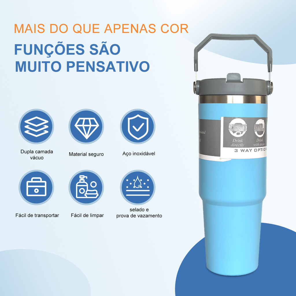900ML Garrafa Térmica Com Alça Flip Tumbl Aço Inoxidável Isolamento Térmico Com Canudo em Oferta na Shopee