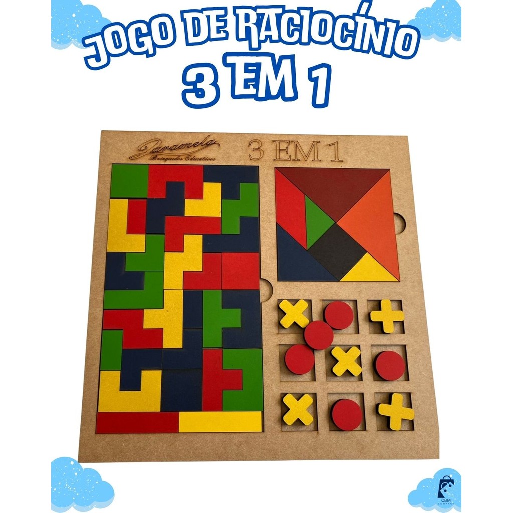 Tabuleiro 3 Em 1 Tangram Tetris E Jogo Da Velha Em Mdf Raciocínio Lógico  