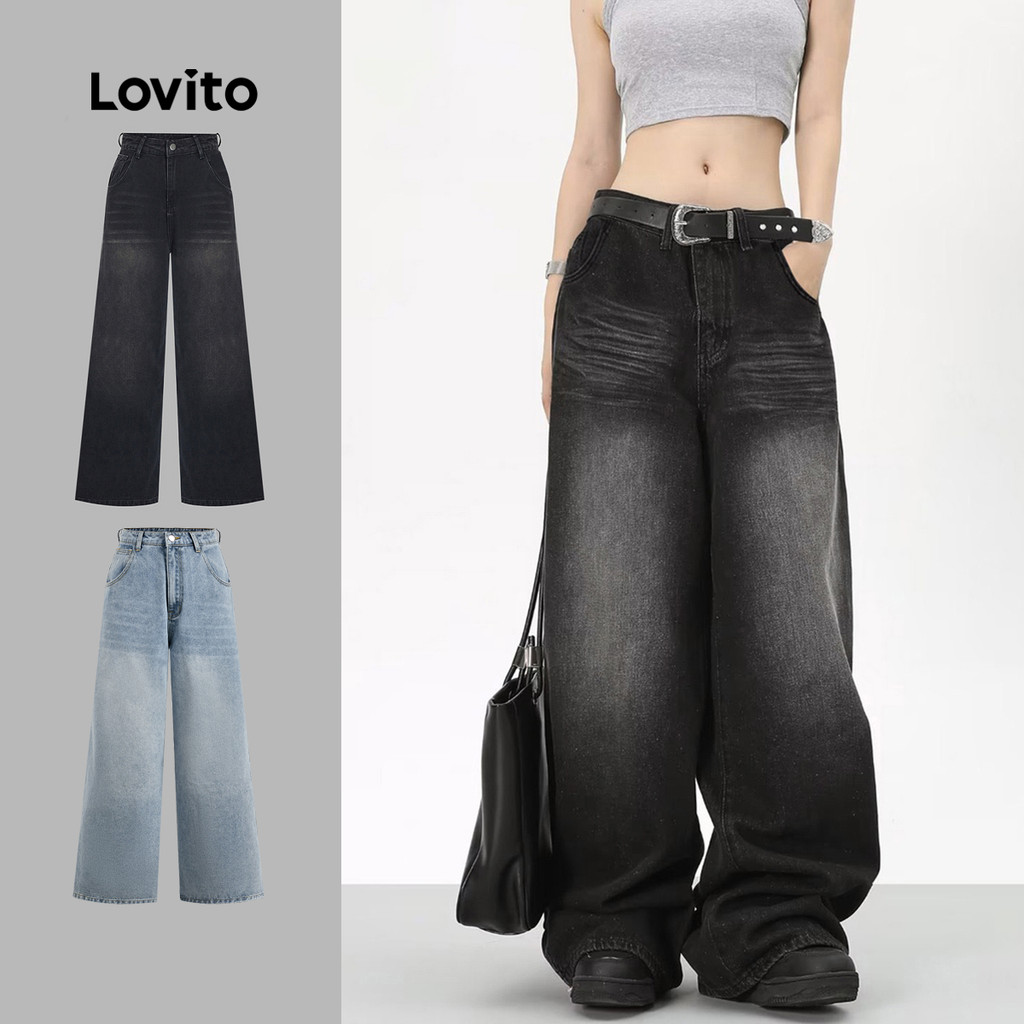Lovito Jeans casual simples com lavagem crua para mulheres 102AD449