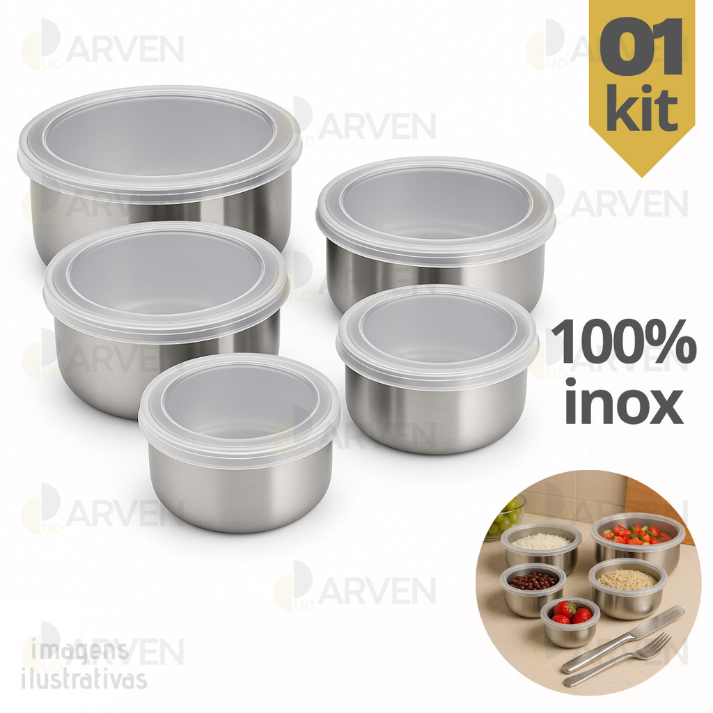 Conjunto 5 Potes Herméticos De Inox Com Tampa Silicone Pote Salada Porta Alimentos em Oferta na Shopee