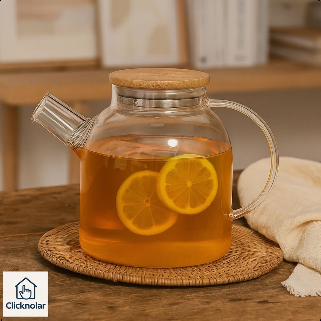 Chaleira de Vidro Borosilicato com Coador Inox para água chá e tampa de bambu  - Resistente Ao Fogo em Oferta na Shopee