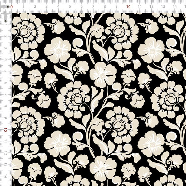 Tecido Tricoline Estampado Flores de Camafeu Preto Corte Artesanato Patch Composição Enxoval Manual