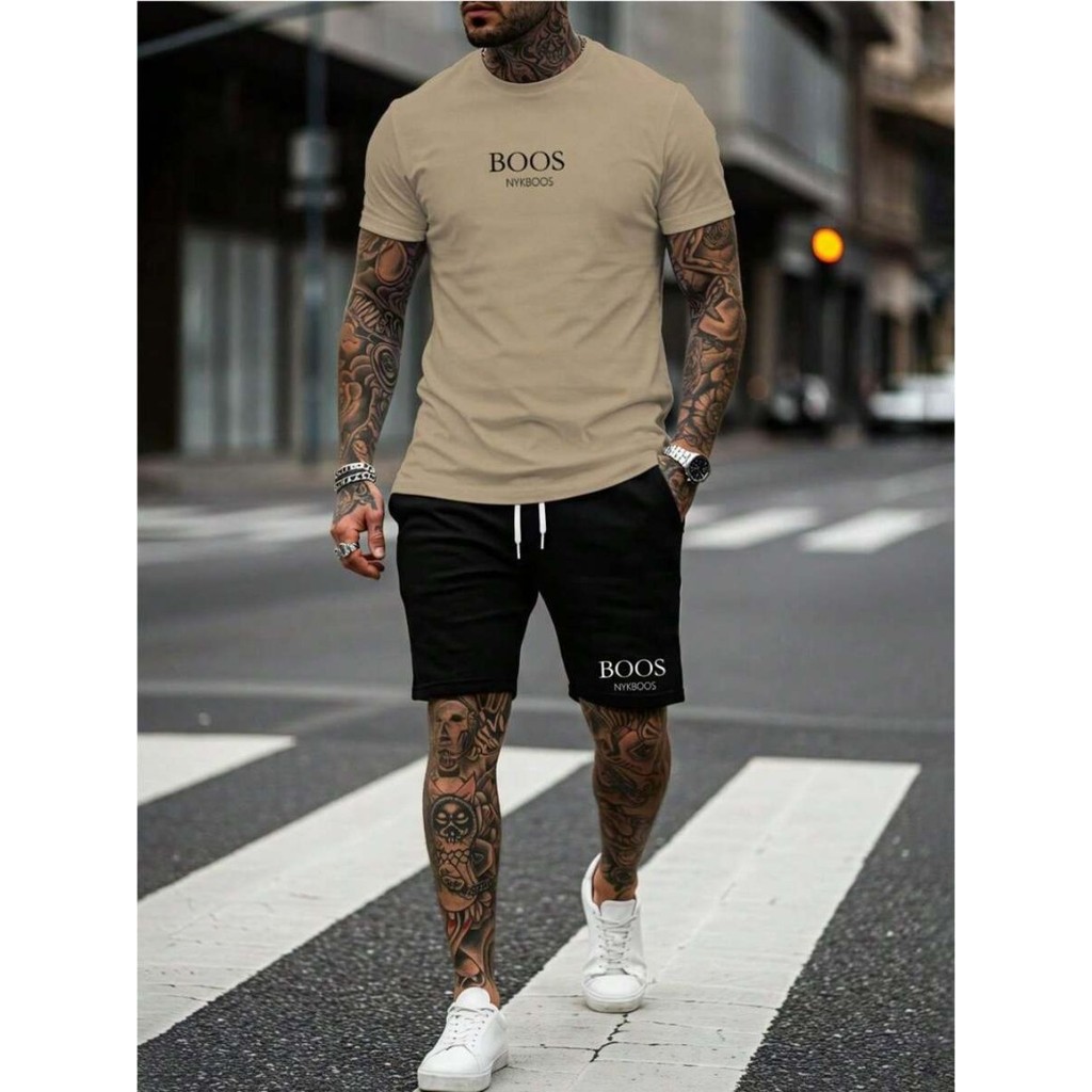 kit Conjunto Camiseta camisa Bos Masculina short Bermuda Tectel Bolso Kit Casual Tendencia