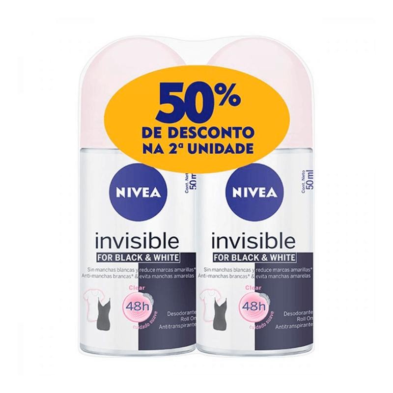 Desodorante Roll On Nivea Invisible Black & White 2 Unidades 50ml em Oferta na Shopee