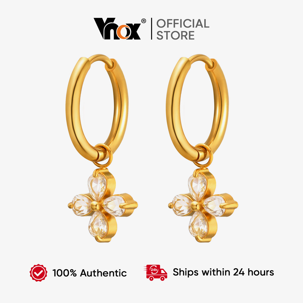 Brincos Com Pingente De Flor Cúbica De Quatro Pétalas De Zircônia Branca Vnox , Aço Inoxidável Dourado Hipoalergênico E