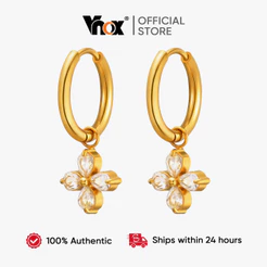 Brincos Com Pingente De Flor Cúbica De Quatro Pétalas De Zircônia Branca Vnox , Aço Inoxidável Dourado Hipoalergênico E