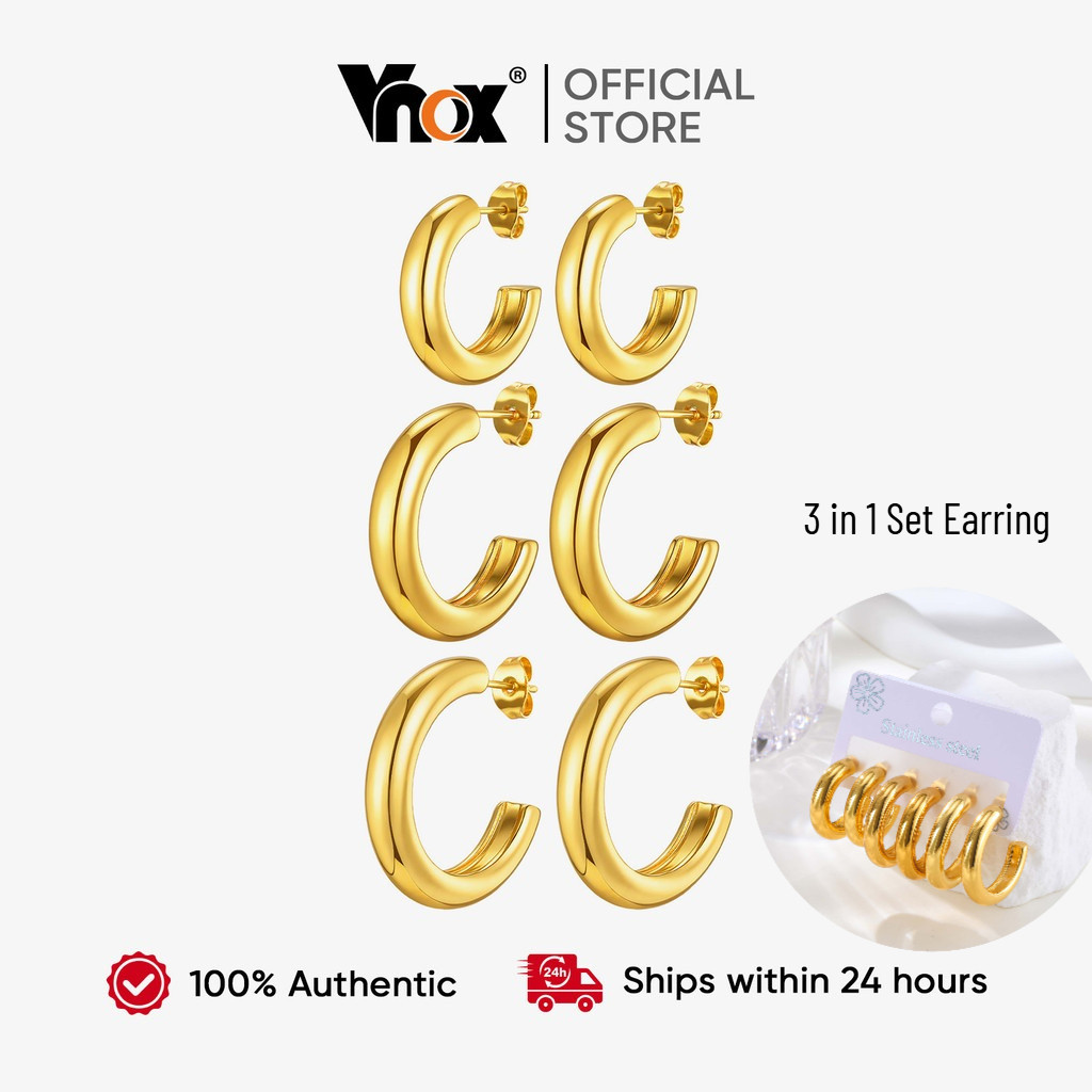 Vnox Ouro Em Forma De C Conjunto De Três Peças Brincos De Argola Para Mulheres , Círculo Simples Hipoalergênicos De Aço