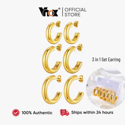 Vnox Ouro Em Forma De C Conjunto De Três Peças Brincos De Argola Para Mulheres , Círculo Simples Hipoalergênicos De Aço