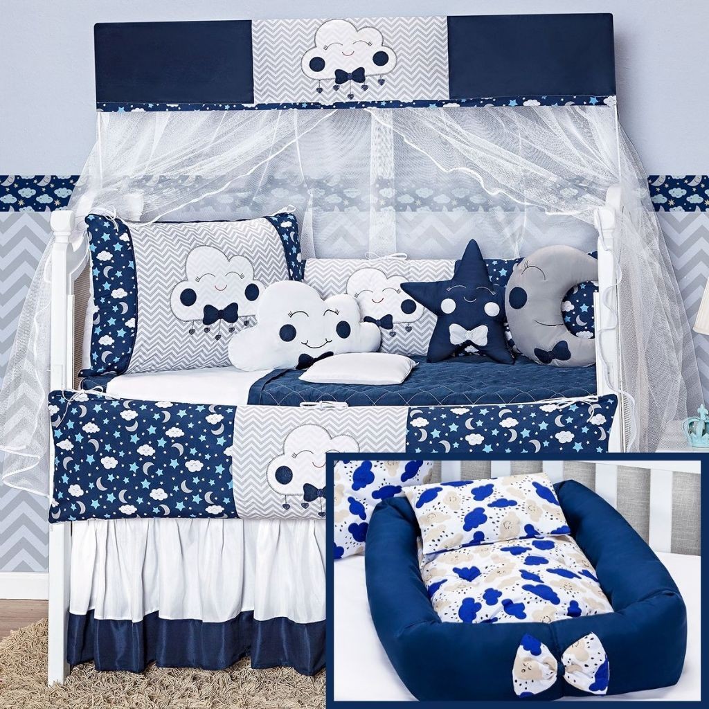Kit Protetor Berço com Ninho Redutor Bebe Lua Nova Almofadas e Protetores 12 Peças Azul Marinho Estrela