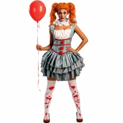 Fantasia Feminina Halloween Adulta It a Coisa Palhaça Assassina Vestido Luxo e Meia com Sangue