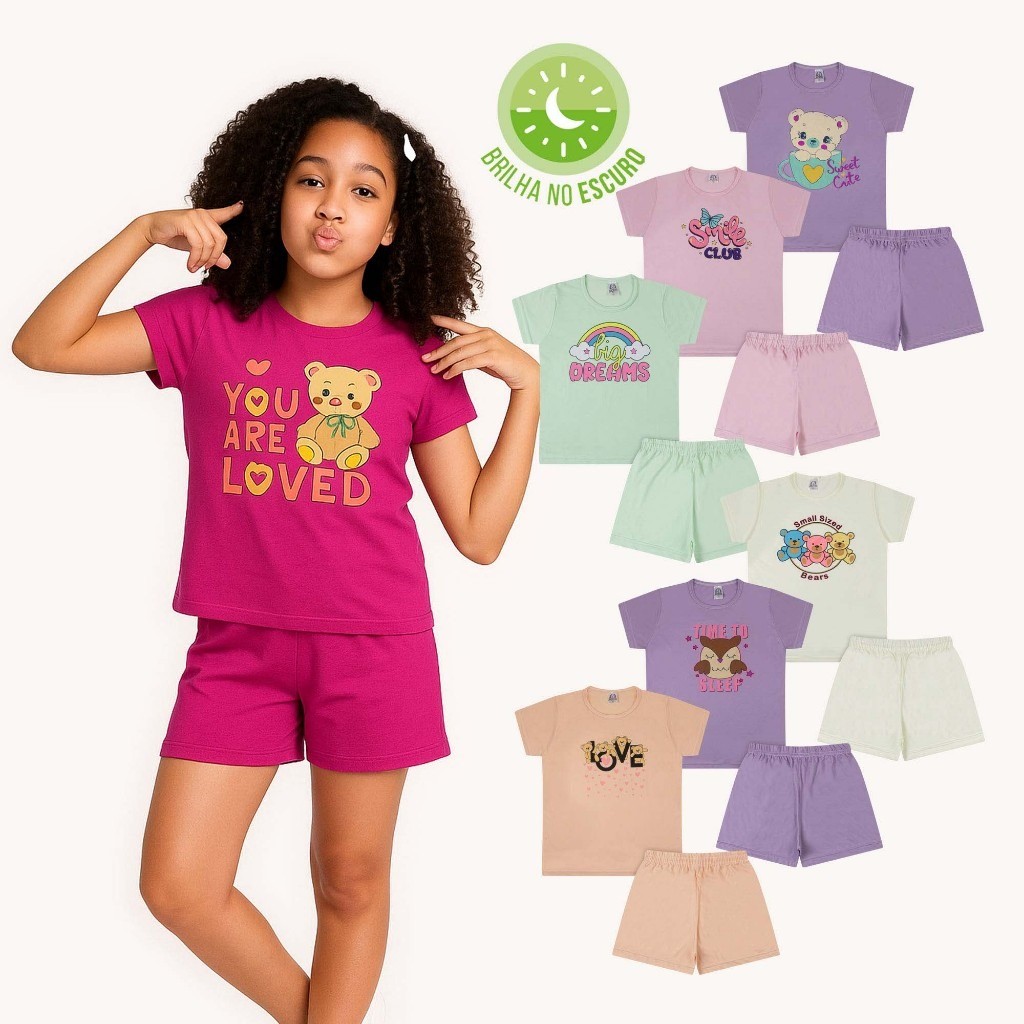 Kit 6 Conjunto Pijama Juvenil Manga Curta Menina 3 Camiseta + 3 Short