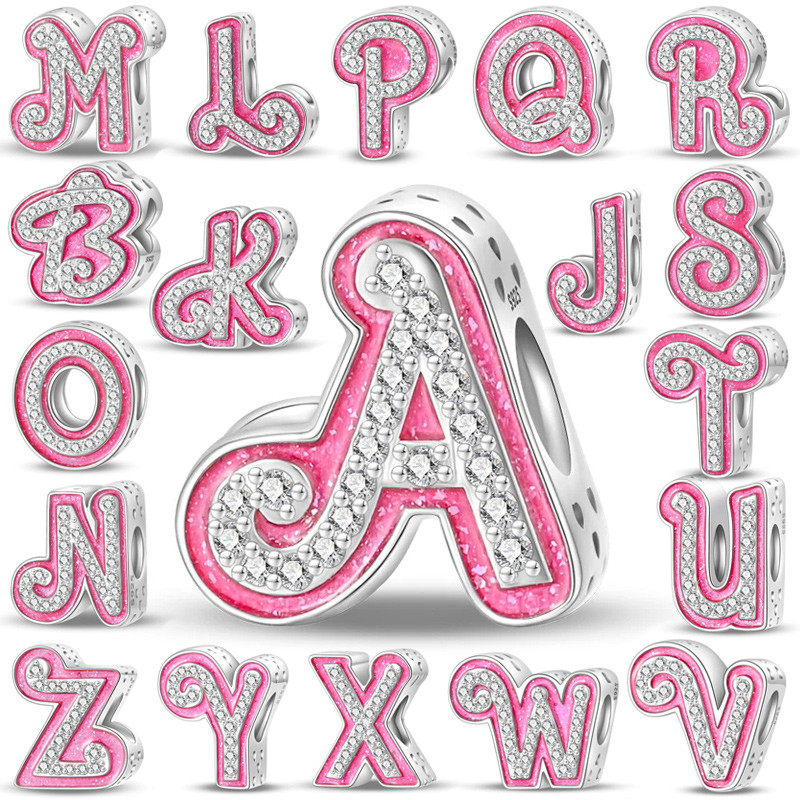 Pulseira de prata esterlina 100% S925 com contas rosa 26 letras pulseira compatível faça você mesmo joias