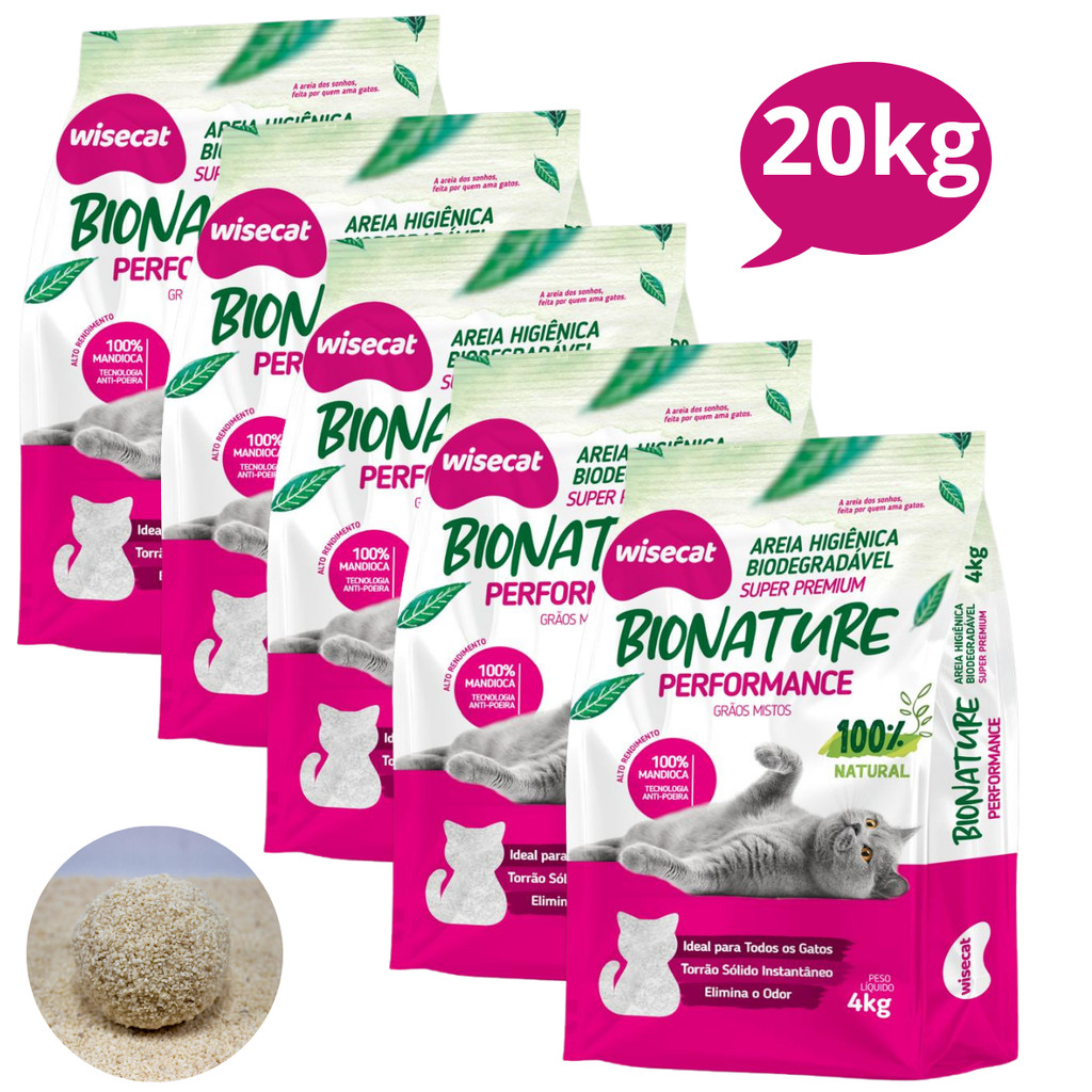 Kit 5 Areia Sanitária De Mandioca Grãos Mistos Para Gatos Biodegradável Wisecat 20kg
