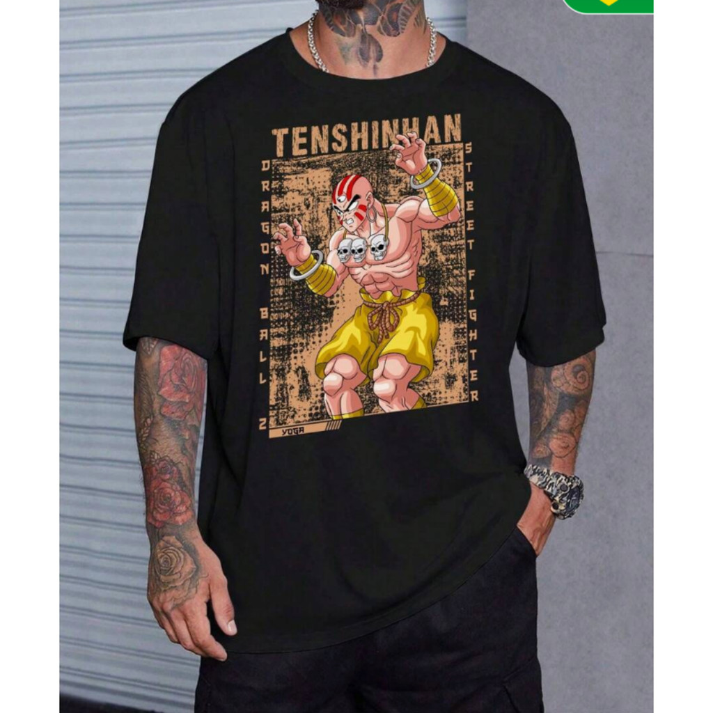 Camiseta Masculina Casual De Algodão Com Estampa Do Anime Dragon Ball "Ten Shinhan Street Fighter"