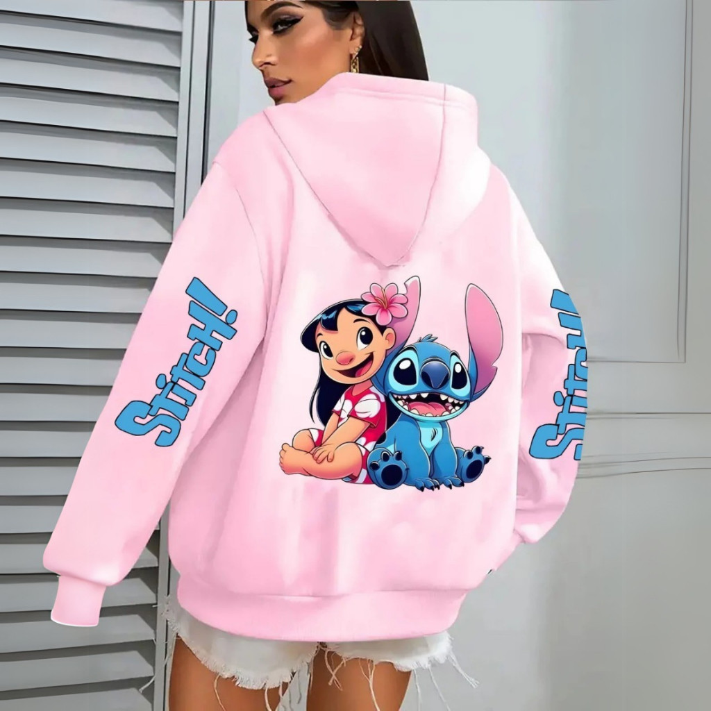 Moletom Confortavel feminino canguru blusa de frio com capuz Lilo & Stitch casaco agasalho algodão