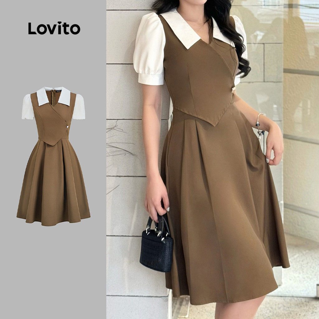 (NEW) Lovito Vestido Elegante com Botão de Bloco de Cores Primavera/verão Marrom para Mulheres L154ED1141 em Oferta na Shopee