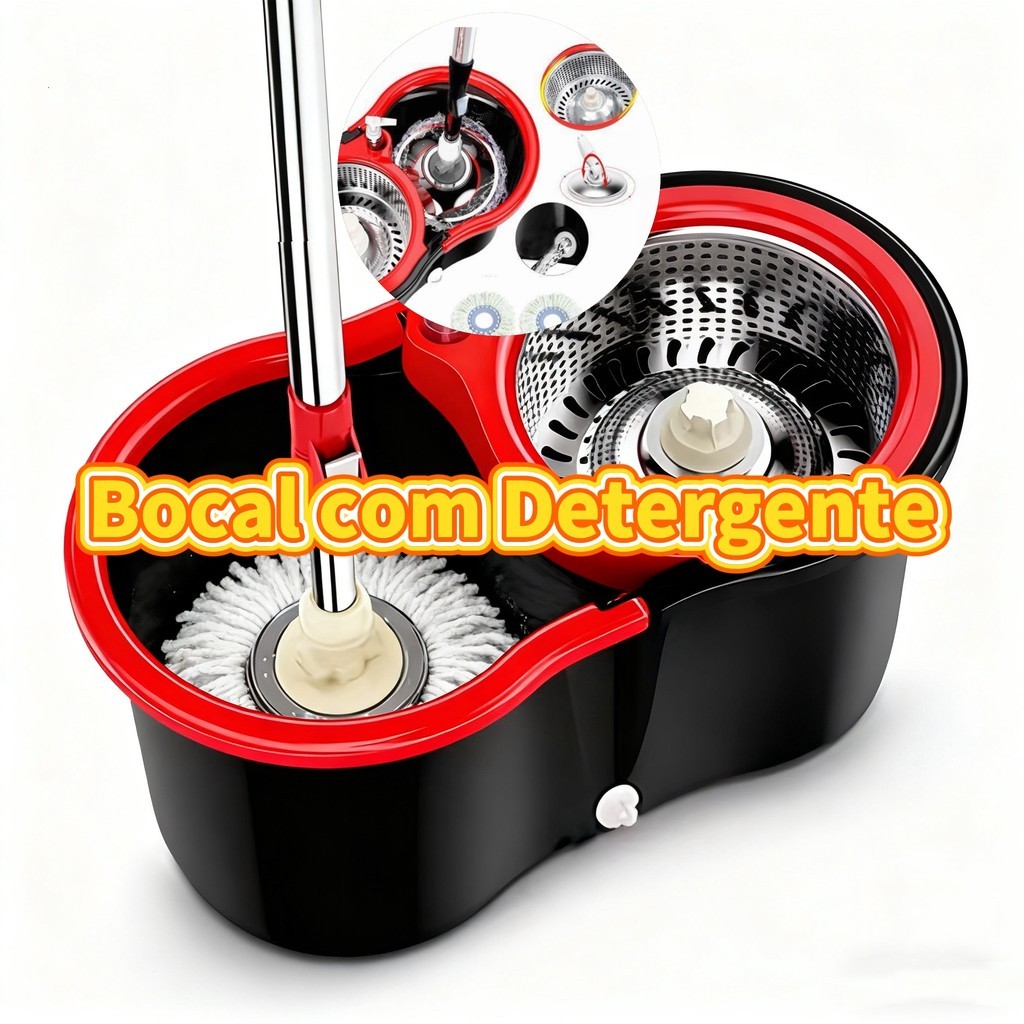 Mop Inox Giratório：140cm + 2 Refils + 14 L Balde cesto Inox + bocal detergente Esfregão Balde Noviva