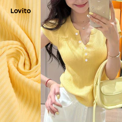 (Casual) Lovito Camisa de Algodão com Botões Simples de Primavera/verão Amarela para mulheres L155ED040