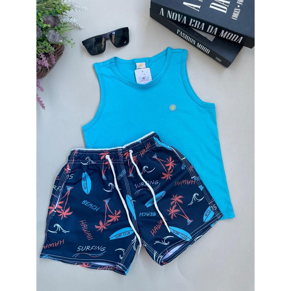 Conjunto Menino Infantil Regata e Bermuda Tactel Estampadas