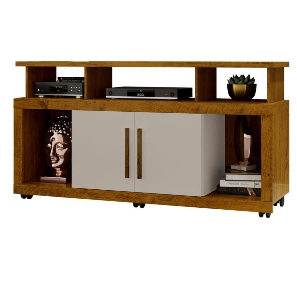 Rack para TV até 55 Polegadas com Rodízios e 2 Portas Star 135x70cm Ipê/Off White em Oferta na Shopee