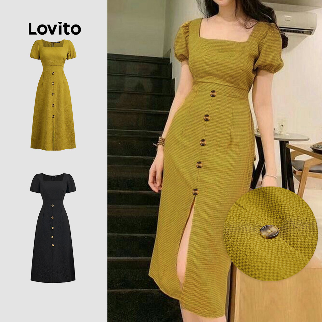 Lovito Vestido Casual Botão Primavera/Verão Vestido Amarelo Para Mulheres L134ED162 em Oferta na Shopee