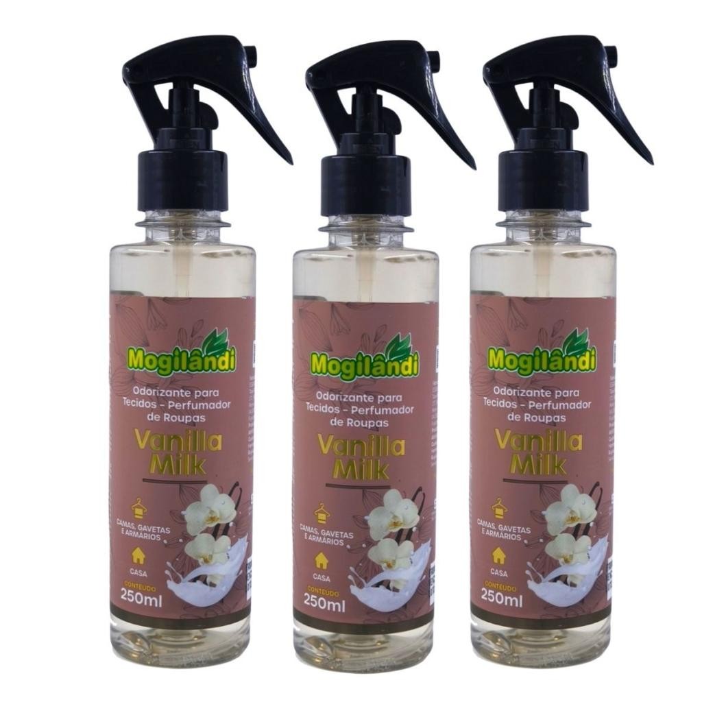 Kit 3 Odorizante para Tecidos Mogilandi Vanilla Milk 250ml em Oferta na Shopee