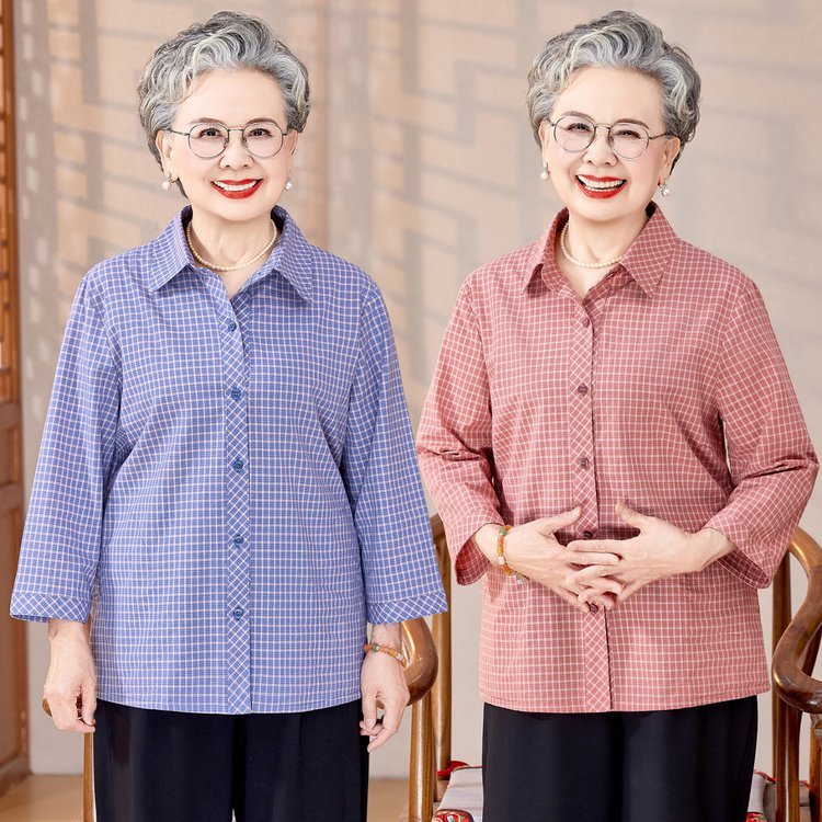 Roupas de mãe de 60 a 70 anos, camisa xadrez solta, jaqueta Casual, Top, roupas de vovó, roupas para idosos, verão, novo