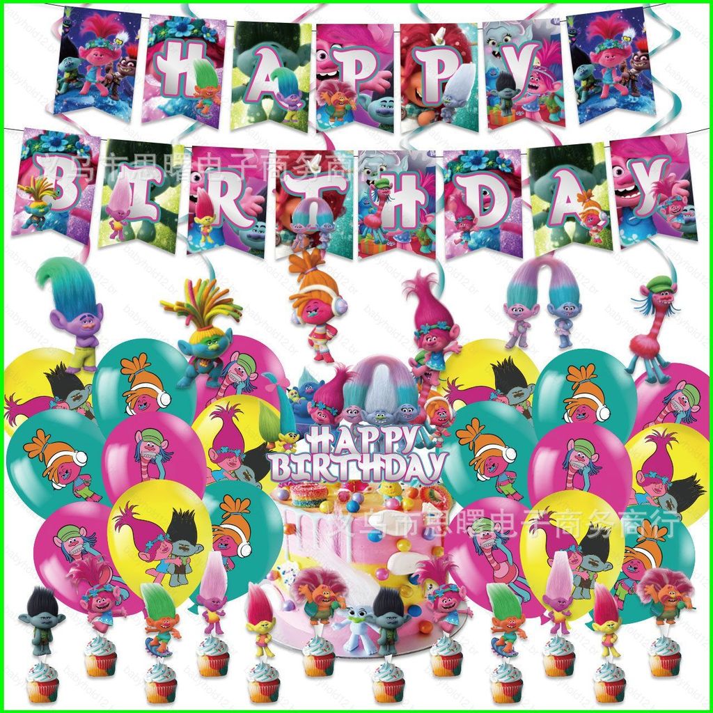 BB12 Trolls Tema Crianças Decorações De Festa De Aniversário banner Bolo topper Balões Redemoinhos Conjunto