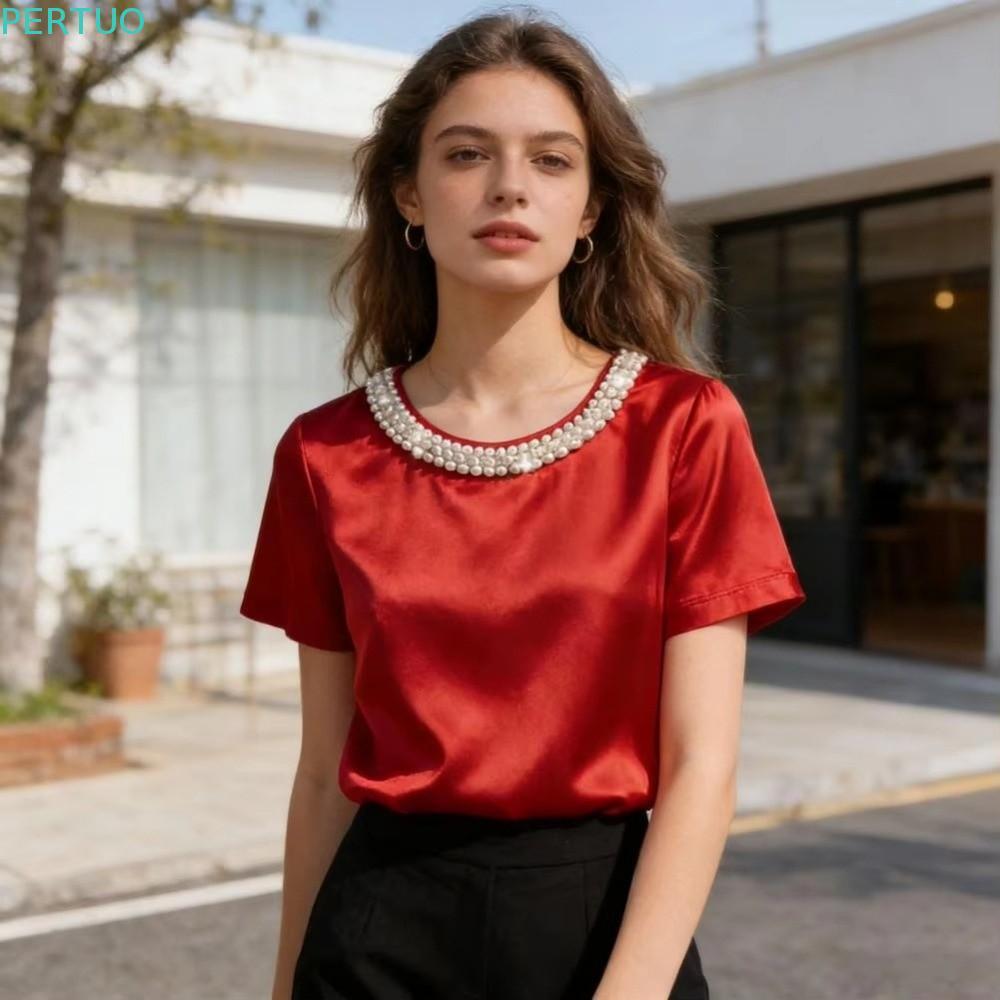 Camiseta PERTUO Com Gola De Pérola , De Seda Acetinada De Verão Estilo Francês , Blusa Feminina Elegante E Solta De Mang