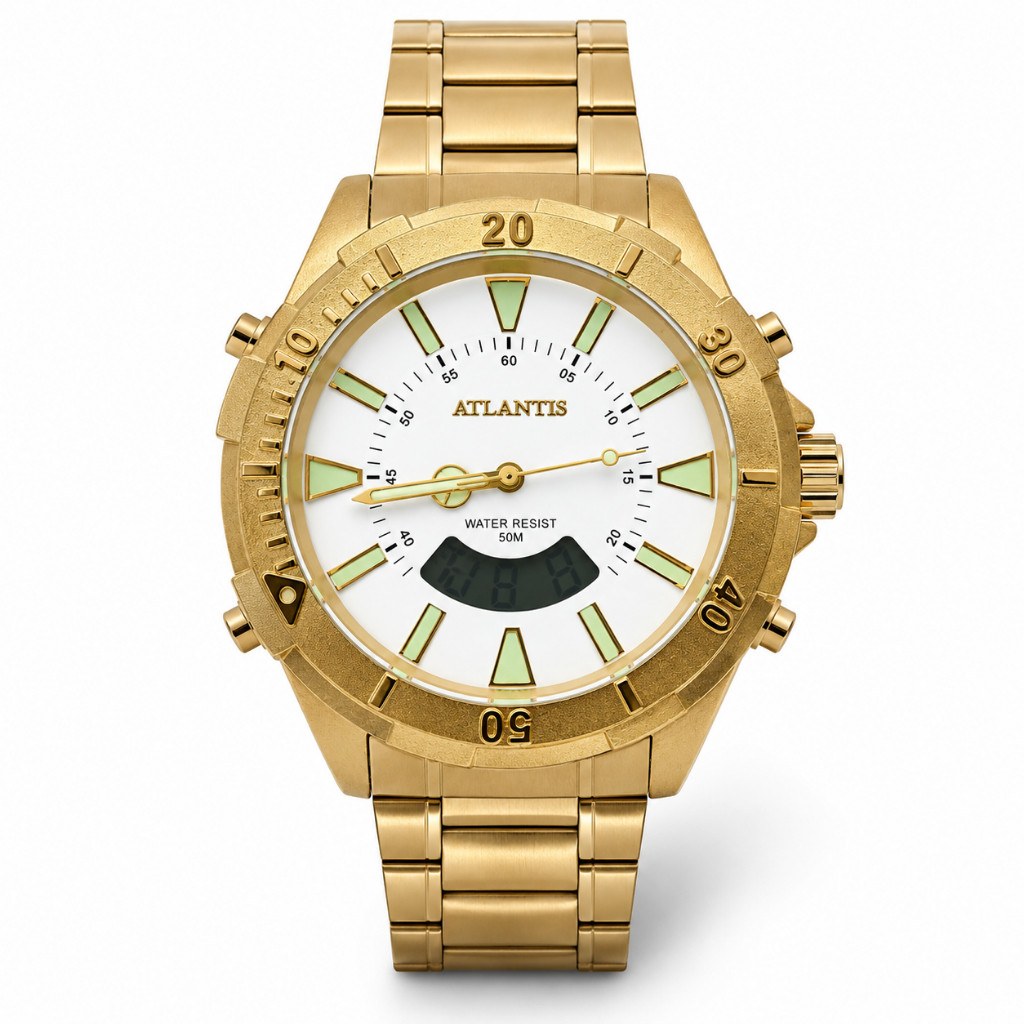Relógio De Pulso Masculino Atlantis Dourado Luxo Analógico Digital Fundo Branco luxo