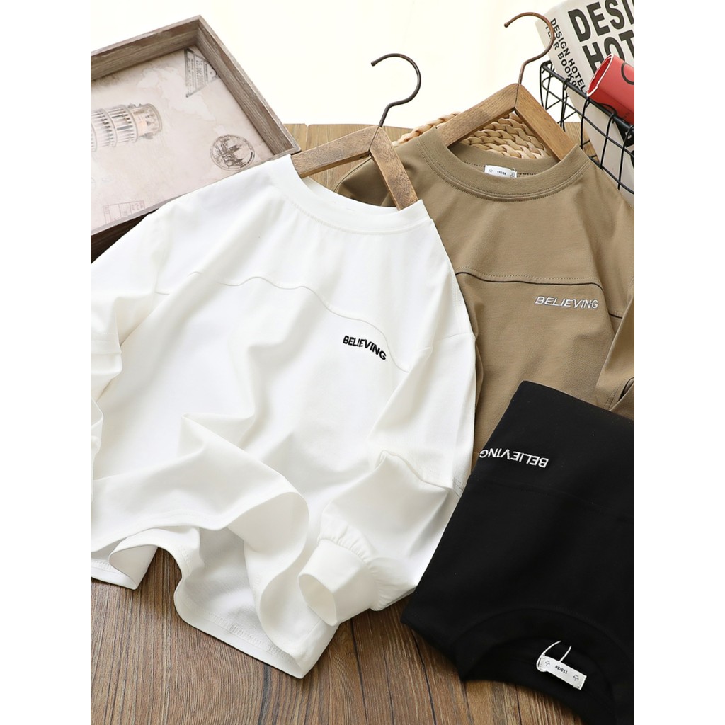 Meninos puro algodão manga comprida camiseta 2025 primavera outono novo estilo médio grande crianças Casual versão corea
