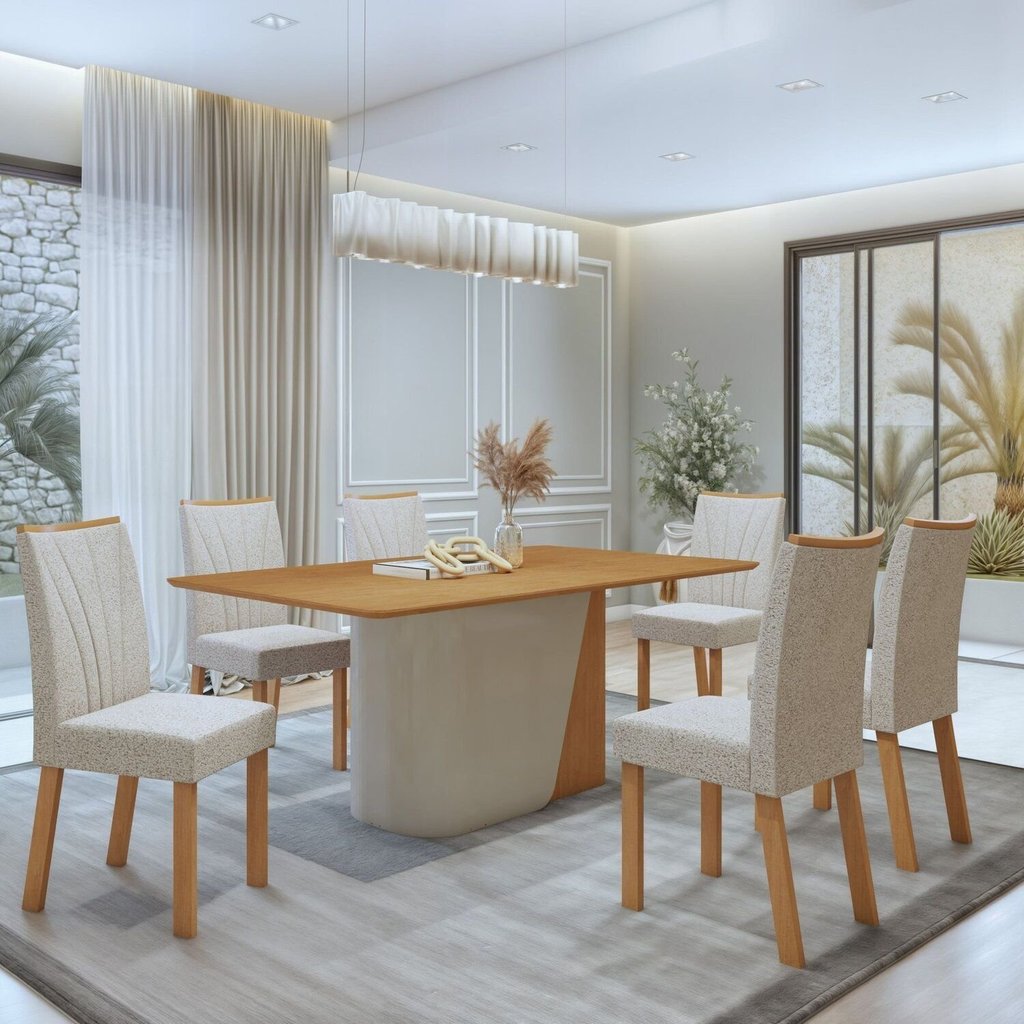 Conjunto Sala de Jantar 6 Lugares Retangular Tampo MDF No Glass Mesa Luar com Cadeiras Apogeu Off White/Amêndoa