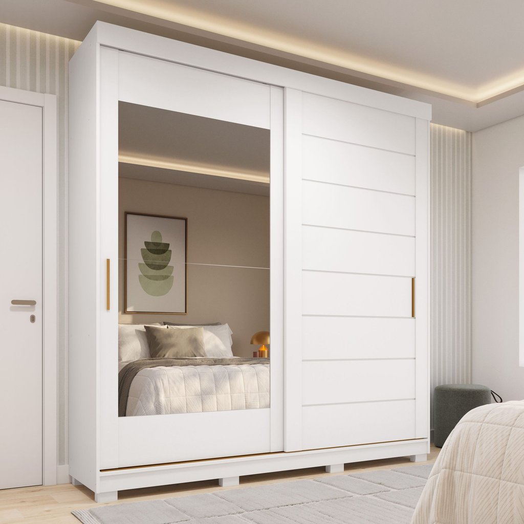 Guarda-Roupa Casal 2 Portas de Correr com Espelho e Pés 100% MDF 202cm Firenze Espresso Móveis Branco Branco