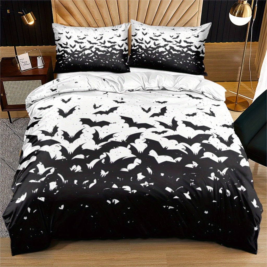 Conjunto de 3 peças de cama do Batman 1 capa de edredão + 2 fronhas moda preto branco padrão de morcego capa de edredão