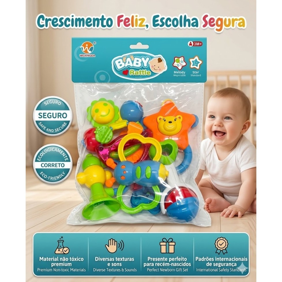 Kit Chocalho Mordedor Bebe 7 Pecas Brinquedo Infantil Sensorial Premium Cores Vibrantes Certificado Inmetro